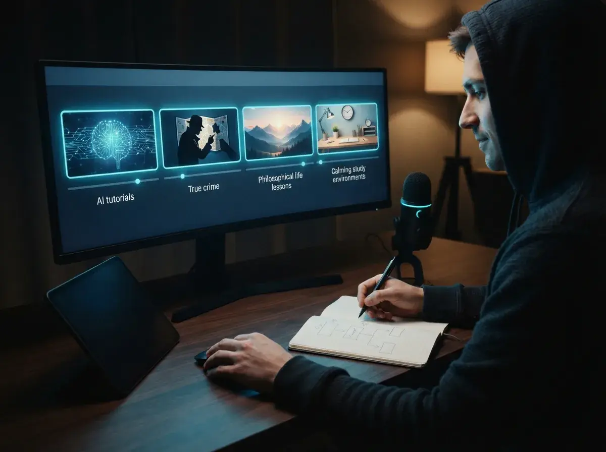 Digital workspace displaying storyboard scenes and script outlines for an anonymous channel