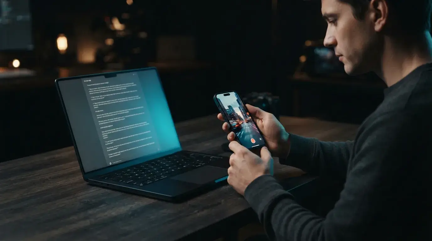 A laptop displaying text prompts next to a phone playing a generated video clip in a dark studio