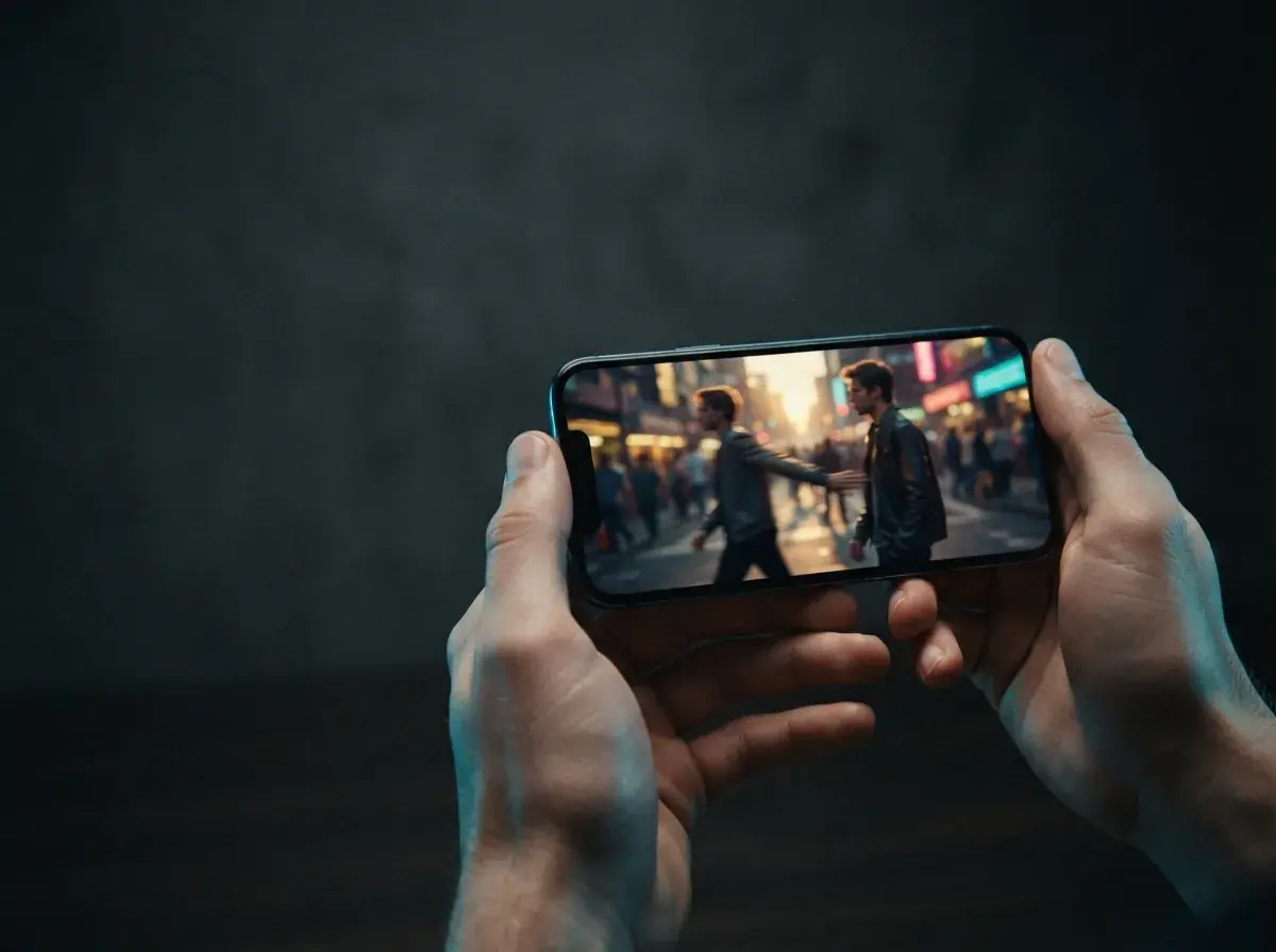 A phone displaying an AI video clip created from a text prompt in a dark studio setting