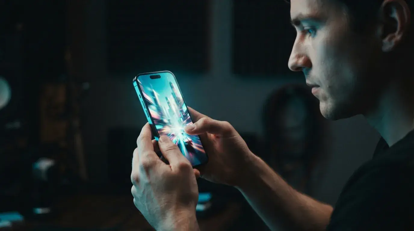 A creator testing AI video generation outputs on a smartphone screen in a dim room