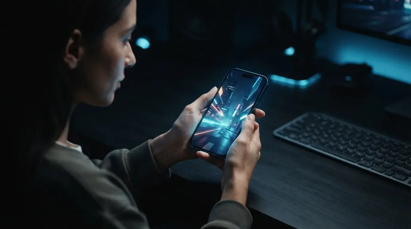 Smartphone displaying a finished AI faceless video on a dark desk with electric blue lighting