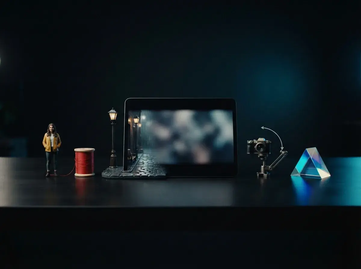 Digital editor workspace illustrating an AI video prompt structure guide with visual parameters and video preview