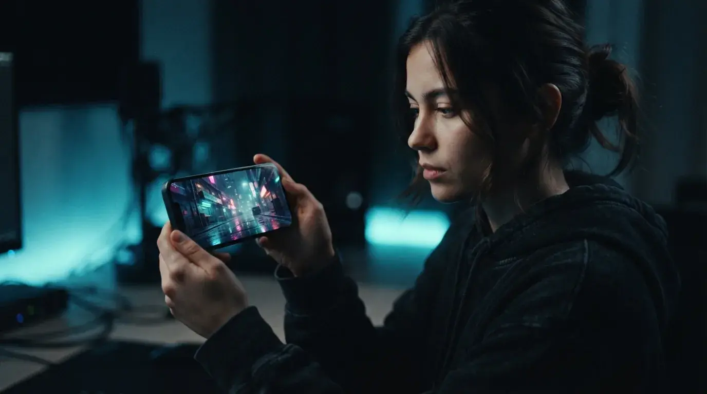 Creator reviewing an AI video generated from text on a smartphone screen in a dim room