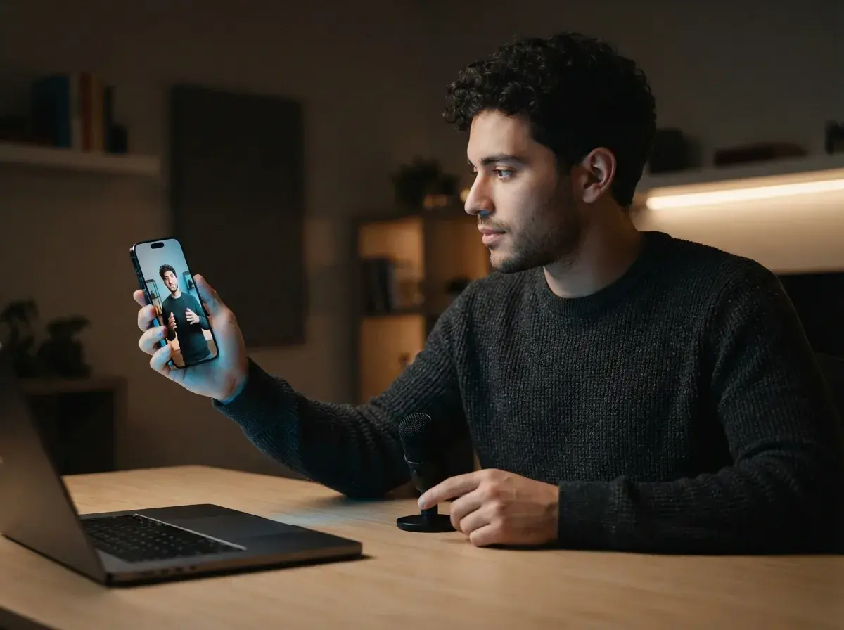 Smartphone screen showcasing a finished digital presenter video in a creative studio setting