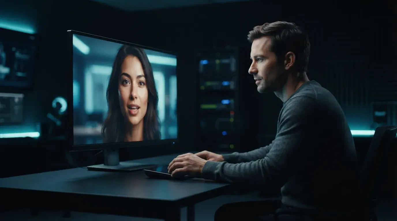 Digital video testing interface evaluating an interactive conversational presenter in a dark studio setting