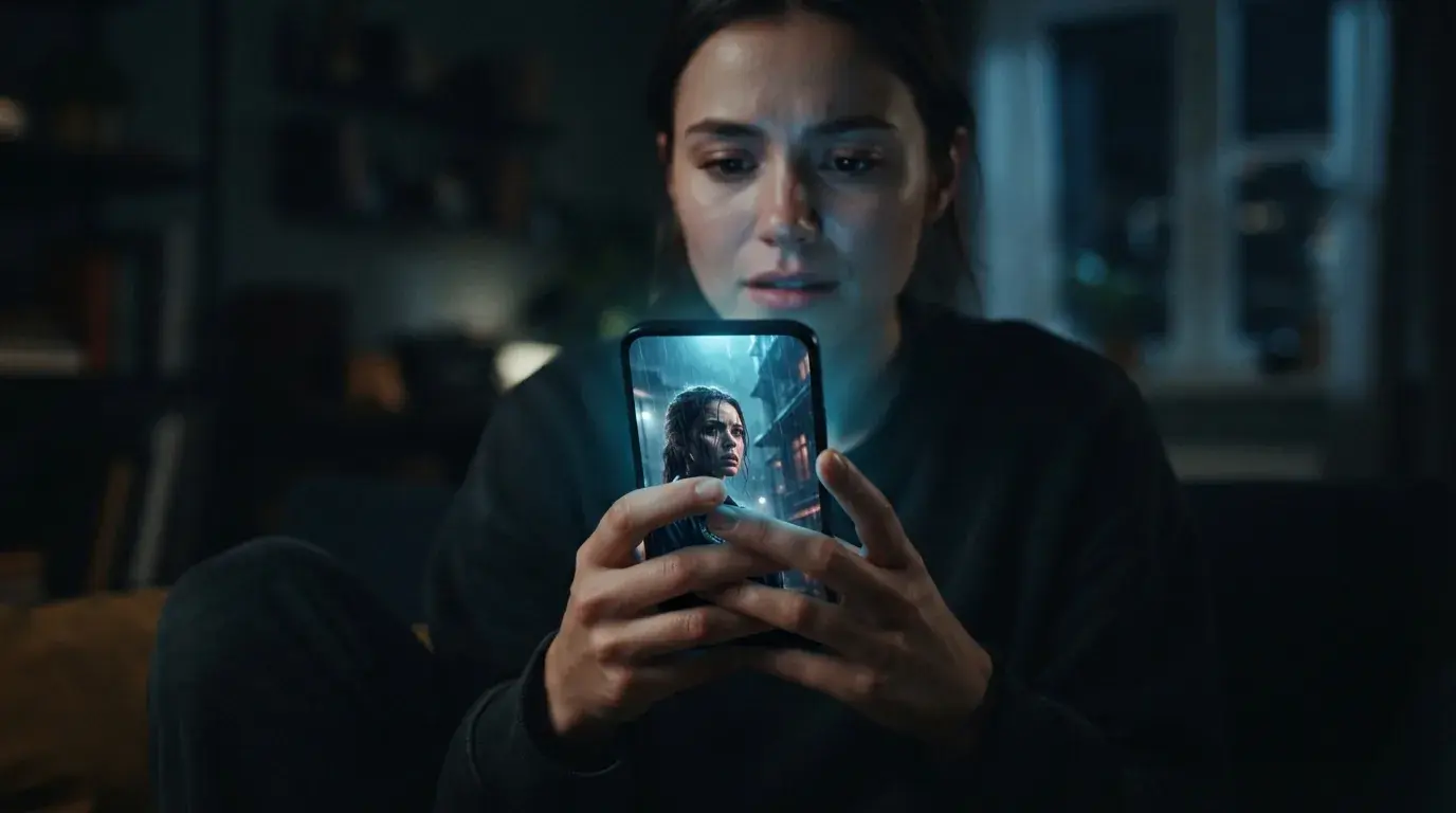 Smartphone screen displaying a vertical cinematic AI short drama scene with glowing cyan backlighting